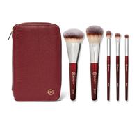 BK BEAUTY Juego de brochas de viaje con bolsa, 5 piezas, veganas, libres de crueldad animal, para cara y ojos, brochas de maquillaje ligeras y duraderas en bolsa de cuero vegano, juego de brochas de