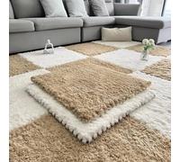 BK&MF Alfombras Puzzle Peludas de Pelo Largo, Azulejos de Espuma Densa de Pelo Largo 60cm, Alfombras Interconectadas Suaves Antideslizantes para Dormitorio,Beige+White,10PCS