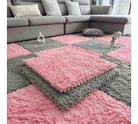 BK&MF Alfombras Puzzle Peludas de Pelo Largo, Azulejos de Espuma Densa de Pelo Largo 60cm, Alfombras Interconectadas Suaves Antideslizantes para Dormitorio,Gray+Pink,10PCS