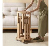 BK&MF Juego de 4 Taburetes Redondos de Madera Apilables, Mesa y Taburete 4 en 1 con Ruedas, Taburete Combinado Multiusos para Salón, Cocina y Dormitorio,Wood
