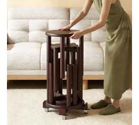BK&MF Juego de 4 Taburetes Redondos de Madera Apilables, Mesa y Taburete 4 en 1 con Ruedas, Taburete Combinado Multiusos para Salón, Cocina y Dormitorio,Walnut