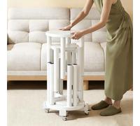 BK&MF Juego de 4 Taburetes Redondos de Madera Apilables, Mesa y Taburete 4 en 1 con Ruedas, Taburete Combinado Multiusos para Salón, Cocina y Dormitorio,Blanca