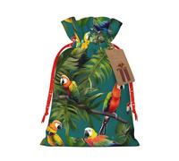 BKDODKS Bolsas de Navidad con estampado de plantas tropicales y loros, bolsas de regalo con cinta para envolver caramelos, fiestas de Navidad