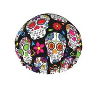BKDODKS Gorro de ducha con estampado de calaveras de azúcar para mujer, ligero, reutilizable, suave, impermeable, a prueba de fugas, color negro
