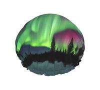 BKDODKS Gorro de ducha con estampado de luces boreales para mujer, ligero, reutilizable, suave, impermeable, a prueba de fugas, color negro