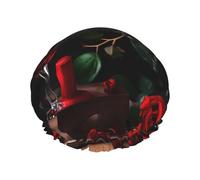 BKDODKS Gorro de ducha con estampado romántico de rosas rojas y vino para mujer, ligero, reutilizable, suave, impermeable, a prueba de fugas, color negro