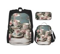 BKDODKS Juego de mochila 3 en 1 con diseño romántico de tazas de té con rosas, bolsa de almuerzo, estuche para lápices, mochila de viaje casual para hombres y mujeres, color negro, talla única