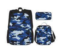 BKDODKS Juego de mochila 3 en 1 con estampado de camuflaje azul, bolsa de almuerzo, estuche para lápices, mochila de viaje casual para hombres y mujeres, Negro -, Talla única
