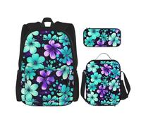 BKDODKS Juego de mochila 3 en 1 con estampado de flores moradas y verde azulado, bolsa de almuerzo, estuche para lápices, mochila de viaje casual para hombres y mujeres, Negro -, Talla única