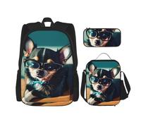 BKDODKS Juego de mochila 3 en 1 con estampado de gafas de perro chihuahua, bolsa de almuerzo, estuche para lápices, mochila de viaje casual para hombres y mujeres, Negro -, Talla única