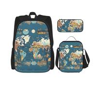 BKDODKS Juego de mochila 3 en 1 con estampado de mapa del mundo, bolsa de almuerzo, estuche para lápices, mochila de viaje casual para hombres y mujeres, Negro -, Talla única