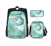 BKDODKS Juego de mochila 3 en 1 con estampado de mármol turquesa y dorado, bolsa de almuerzo, estuche para lápices, mochila de viaje casual para hombres y mujeres, Negro -, Talla única