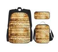 BKDODKS Juego de mochila 3 en 1 con estampado de notas musicales, bolsa de almuerzo, estuche para lápices, mochila de viaje casual para hombres y mujeres, color negro, talla única, Negro, One Size