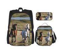BKDODKS Running Horses Print - Juego de mochila 3 en 1, bolsa de almuerzo, estuche para lápices, mochila de viaje casual para hombres y mujeres, Negro -, Talla única