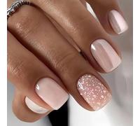 Bkemkri 24 Piezas Uñas Postizas Cortas Cuadradas Artificiales French Nude Glitter Frosted Ballerina Press on Nails de Gel de Calidad Uñas Acrílicas Cubierta Completa para Mujeres y Niñas Manicura DIY