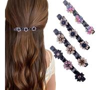 Bkemkri 4 Piezas Pasadores de Flores de Cristal, Pinzas de Pelo Trenzadas de Piedra de Cristal Brillante, Pasadores de Doble Capa para Mujeres y Niñas, Accesorios para el Cabello, Broche de Pelo