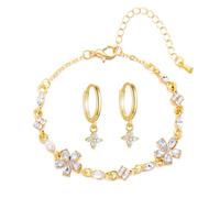 BKEPDY 2 Piezas Joyas de Mujer Floral Conjunto Cubic Circonia Conjunto Pendientes y Pulsera Set Regalo para Bodas San Valentin(Blanco)