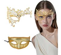 BKEPDY 2 Piezas Máscara Veneciana de Mujer Mascarada Máscara de Metal Hombre Metálico Antifaces para Fiestas Banquetes Celebraciones Bailes Disfraces Carnaval Halloween (Dorado)