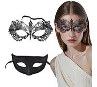 BKEPDY 2 Piezas Máscara Veneciana de Mujer Mascarada Máscara Hombre Metálico Antifaz Encaje para Fiestas Banquetes Celebraciones Bailes Carnaval Halloween Disfraces Adultos (Negro)