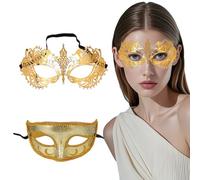 BKEPDY 2 Piezas Máscara Veneciana de Mujer Mascarada Máscara Hombre Metálico Antifaz Encaje para Fiestas Banquetes Celebraciones Bailes Carnaval Halloween Disfraces Adultos (Dorado)