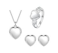 BKEPDY 3 Piezas Conjunto Joyas Corazón Elegante Collar Pendientes Anillo Ajustable Cristal Brillante Plata Mujer Acero Inoxidable Joyería Romántica