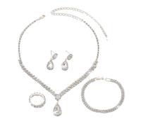 BKEPDY 4 Piezas Juego De Joyería Nupcial para Mujer Elegante Rhinestone Collares Pendientes Pulsera y Anillo Conjunto de Joyas para Dama Honor Baile Graduación（Plata）