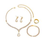 BKEPDY 4 Piezas Juego De Joyería Nupcial para Mujer Elegante Rhinestone Collares Pendientes Pulsera y Anillo Conjunto de Joyas para Dama Honor Baile Graduación（Oro）