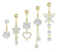 BKEPDY 5 Piezas Piercing Ombligo Colgantes Acero Inoxidable Corazón Mariposa Elementos Florales Piercings Ombligo Hipoalergénico Joyas para Mujer