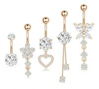 BKEPDY 5 Piezas Piercing Ombligo Colgantes Acero Inoxidable Corazón Mariposa Elementos Florales Piercings Ombligo Hipoalergénico Joyas para Mujer
