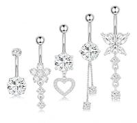 BKEPDY 5 Piezas Piercing Ombligo Colgantes Acero Inoxidable Corazón Mariposa Elementos Florales Piercings Ombligo Hipoalergénico Joyas para Mujer