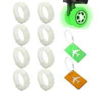 BKEPDY 8 Piezas Protecciones Ruedas Maleta Goma Verde Luminiscente Y 2 Etiquetas Equipaje Aluminio como Protección Todo Terreno contra Polvo Y Arañazos Accesorio Equipaje Práctico