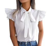BKEPDY Blusa Mujer Elegante con Lazo Manga Corta Camiseta Verano Cuello Camisa Volantes Top Oficina Casual Blusas Moda Primavera Ropa Basica