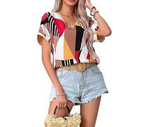 BKEPDY Blusa Mujer Manga Corta Camiseta Estampado Geométrico Cuello V Blusas Verano Top Casual Elegante Suelta Camisetas Moda Boho Primavera Ropa para Diario