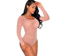 BKEPDY Body de Manga Larga para Mujer Sexy Malla Slim Fit Elástico Bodysuit Transparente Cuello Redondo Leotardo Tops Club Party Jumpsuit
