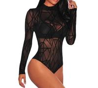 BKEPDY Body Mujer Sexy Mesh Bodies Vestir Manga Larga Elegante Mono de Negro Mujer Clásico Bodysuit Jumpsuit Suave Cálida Tops(S)
