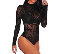 BKEPDY Body Mujer Sexy Mesh Bodies Vestir Manga Larga Elegante Mono de Negro Mujer Clásico Bodysuit Jumpsuit Suave Cálida Tops(S)
