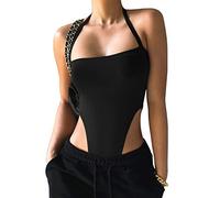 BKEPDY Body sin Mangas Mujer Sexy Halter Cadena Bodysuit Elegante Reductor Moldeador Top Faja Reductora Vientre Plano Suit Jumpsuit Monos Camiseta
