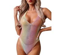 BKEPDY Body sin Mangas Mujer Sexy Malla Brillante Bodysuit Escote V Profundo Moldeador Elegante Reductor Vientre Plano Ajustado Monos de Vestir Camiseta Moldeadora Reductora