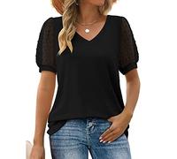 BKEPDY Camiseta Mujer Manga Corta Cuello V Corto Sólido Manga Hueca Burbuja Camisa de Basica Camiseta Suelto Tops Casual Fiesta Elegante Cómodo T-Shirt Original tee (Negro L)