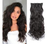 BKEPDY Extensiones Pelo Natural Clip Largas Onduladas Rizado Clip de Extensión de Cabello para Look Elegante y Voluminoso para Mujeres 50 cm (Negro natural)