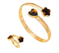 BKEPDY Joyas de Mujer Conjunto Pulsera y Anillo Forma Corazón y Flor Joyeria Elegante Acero Inoxidable Joyas Set Ajustable Brazalete Anillo Bijoux Mujer Regalo (Marrón)
