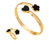 BKEPDY Joyas de Mujer Conjunto Pulsera y Anillo Forma Corazón y Flor Joyeria Elegante Acero Inoxidable Joyas Set Ajustable Brazalete Anillo Bijoux Mujer Regalo (Negro)