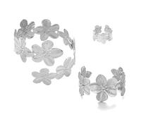 BKEPDY Joyas de Mujer Geométricas Irregulares Flores Elegante Brazaletes Anillos Set Regalo para Bodas San Valentin(Plata)
