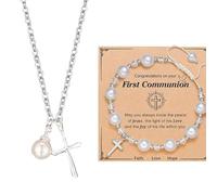 BKEPDY Joyas de Mujer Primera Comunión Cruz con Perla Conjunto Pulsera y Collar Joyería Religiosa Accesorios Joyas Niña Sacramento Regalo Bautizo Confirmación