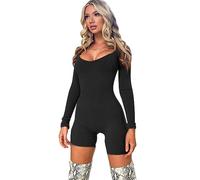 BKEPDY Mono Deportivo Mujer Jumpsuit Manga Larga Jumpsuits Cuello en U Corto Ajustado Elásticos Body Sexy Romper Una Pieza de Punto Acanalado para Yoga Fitness Gimnasio Danza