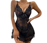 BKEPDY Pijama para Mujer Camisón de Encaje Transparente con Tirantes Ajustables Ropa de Dormir Elegante Body Camisones Conjunto Babydoll con Detalles Florales y Lazo