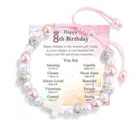 BKEPDY Pulsera de Cumpleaños para Niñas con Tarjeta Pulsera Niña Ajustable para 5-8 Años Pulseras de Cuentas con Perlas Rosas y Cristal Dulce Regalo de Cumpleaños (8th)