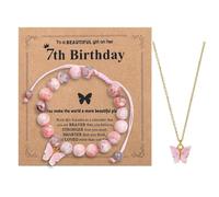 BKEPDY Set de Joyas con Mariposa Rosa para Niñas de 7 a 10 Años Pulsera Ajustable de Jaspe Cebra Rosa y Collar de Mariposa Regalo Ideal para Hija Nieta o Sobrina en Cumpleaños (7th)