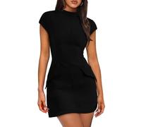 BKEPDY Vestido Mujer Elegante Verano Manga Corta Bodycon con Cuello Redondo Minivestido para Fiesta Noche Coctel(Negro/S)