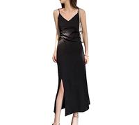 BKEPDY Vestido Sexy Verano Cuello En V Vestidos Largo Fiesta Vestido sin Manga Espagueti de Color Sólido para Mujer Dress Bodycon Slim Fit Casual Noche Raja Lateral Club Vestido (Negro XXL)